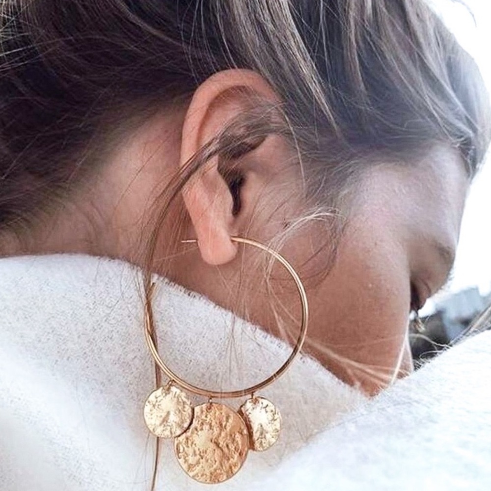 Gold 3/4 Hoops w/3 Dangling Discs Earrings - Picture 2 of 7